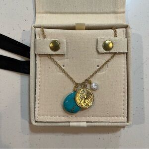 NWT Mayamar Gold and Blue Pendant Necklace with Intricate Detailing